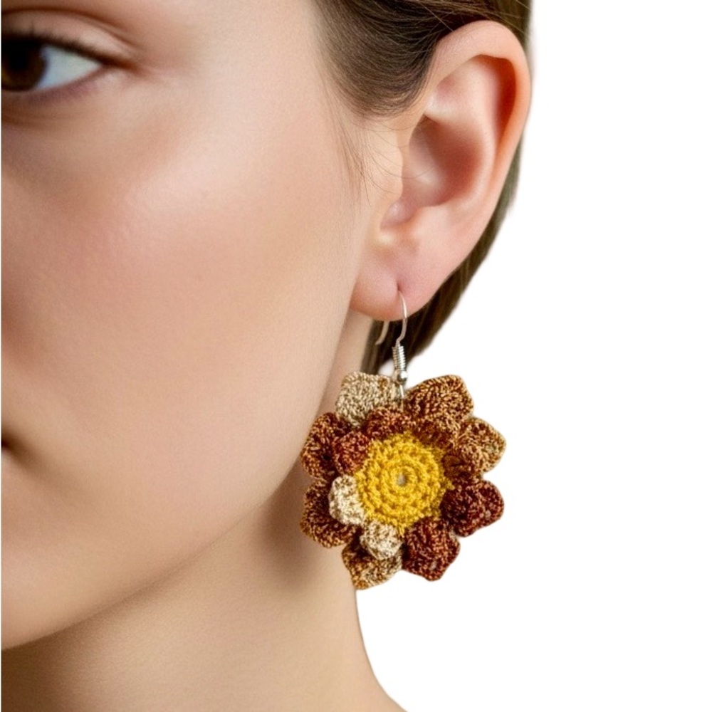 Crochet Flower Drop Earrings in Yellow & Brown - Handcrafted Style